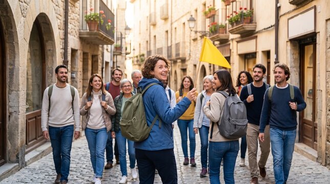 Smiling female tour guide holding yellow flag while leading group of happy tourists through European old town street, symbolizing guided city tour