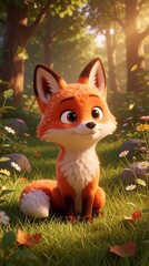 Fototapeta premium Cute cartoon fox sits peacefully in rich green grass amidst blooming wildflowers and trees. Sunlight filters through forest canopy creating a warm inviting scene.