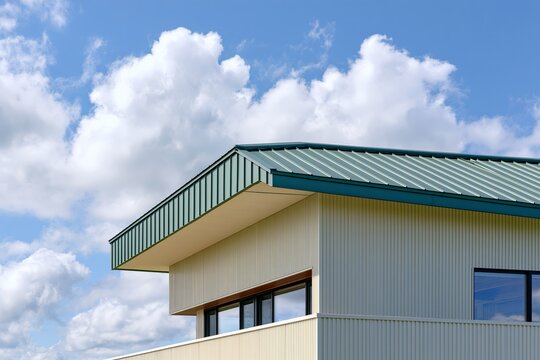 青空と白い雲が映えるモダンな住宅の屋根と外壁