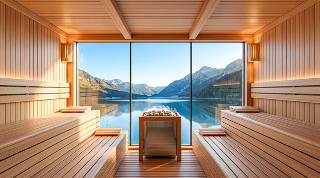 Polished cedar wood textures surrounding a panoramic thermal retreat overlooking a crystal alpine lake nestled amidst towering mountain peaks.