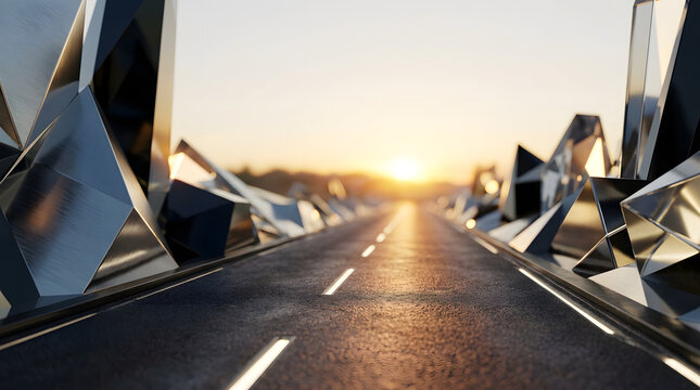 Asphalt road leading to a golden sunset with abstract geometric crystal structures on sides