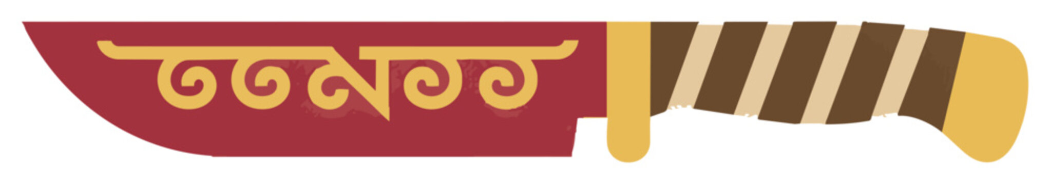 Stylized silhouette of a kukri knife with decorative traditional scrollwork and a wrapped handle isolated on a white background, minimal weapon design concept