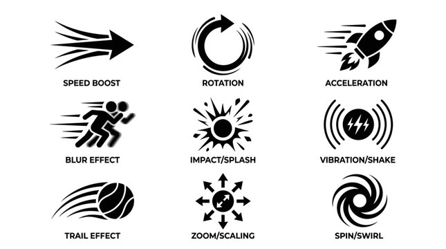 Black icons of speed and motion.