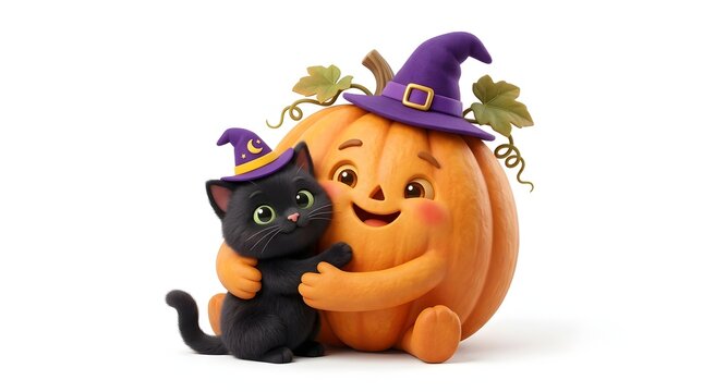 Cute pumpkin and black cat in witch hats for Halloween