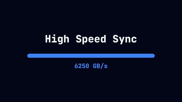 High-speed data transfer animation, colorful blue progress bar filling up with increasing GB/s speed, seamless loop, symbolizing rapid file transfer and synchronization