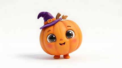 Fototapeta premium Cute cartoon pumpkin with witch hat on white background