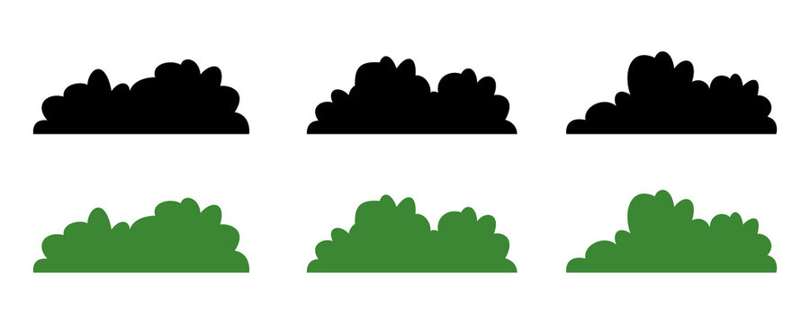 Cartoon bush silhouette set black and green foliage shapes for garden landscape design.