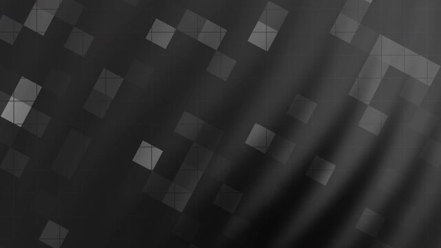 Abstract black grey gradient background with dark surface and monochrome pattern of subtle light glowing square shapes. Suitable for modern graphic design projects.