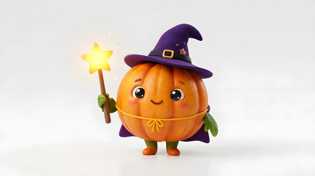 Cute cartoon pumpkin character wearing a witch hat with magic wand
