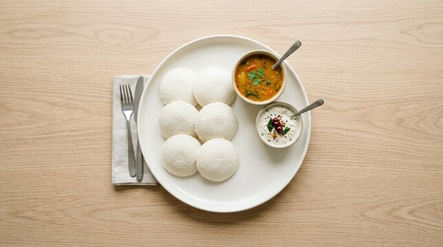A plate of steamed idlis with sambar and chutney on a wooden table.