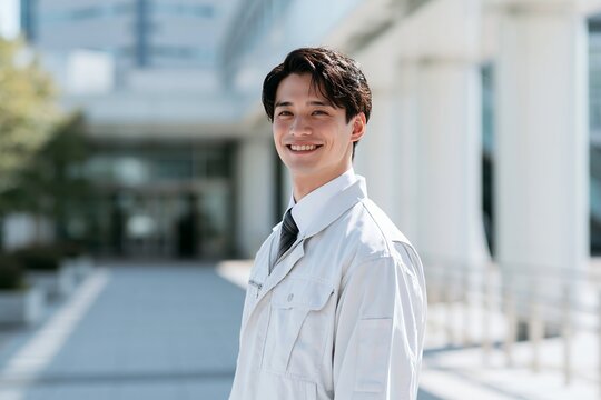 プロフェッショナルな笑顔の日本人男性が作業着姿で未来を創る