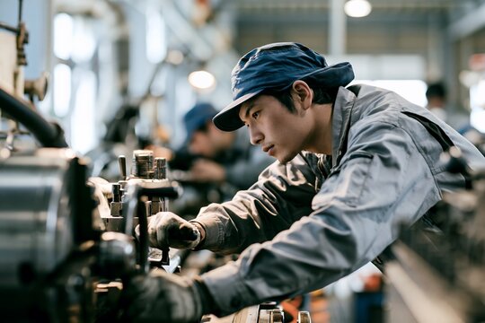日本の製造現場で真剣に機械と向き合う若い男性作業員が活躍