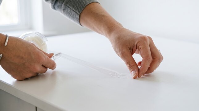 Close up of female hands applying clear adhesive tape onto a white surface for packaging, crafting, or home repair purposes, showing detailed texture and manual dexterity