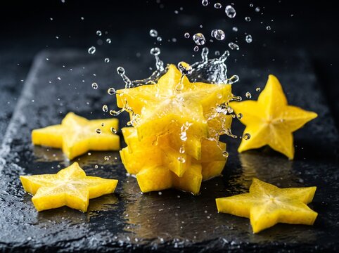 Water splashing over stacked fresh starfruit slices on dark stone surface, highlighting fresh tropical fruit splash photography