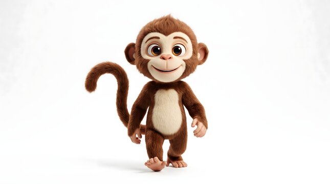 Cute cartoon monkey character standing and smiling against a white background.