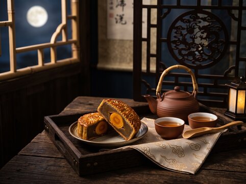 raditional Salted Egg Yolk Mooncakes with Clay Teapot and Cups on Wooden Tray with Full Moon Window Background