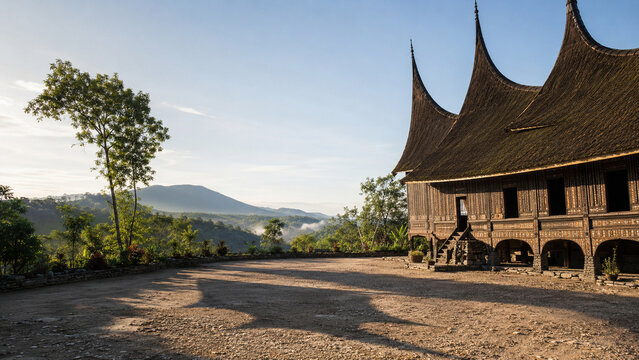 Traditional Minangkabau Rumah Gadang, West Sumatera, Indonesia  in Golden Morning Light