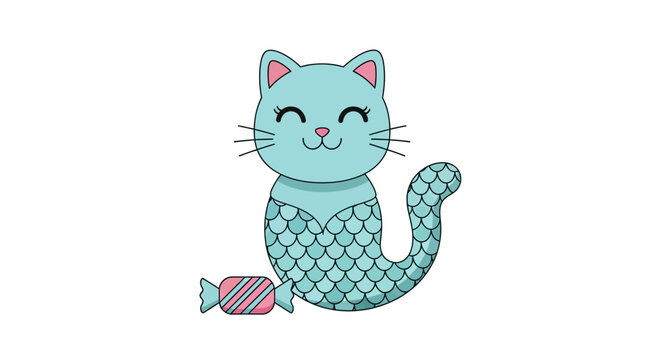 Cute Kawaii Cat Mermaid with Candy, Isolated