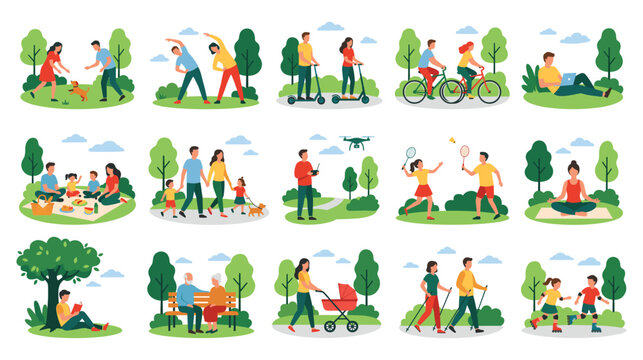 People park activities set with outdoor recreation flat characters.