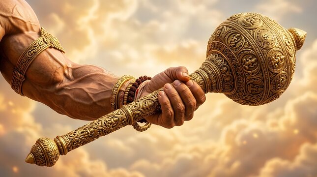 Close-up of a muscular arm holding an ornate golden mace