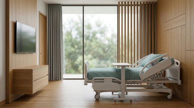 Medical bed, tv, and drawer inside a modern hospital room interior with a panoramic window