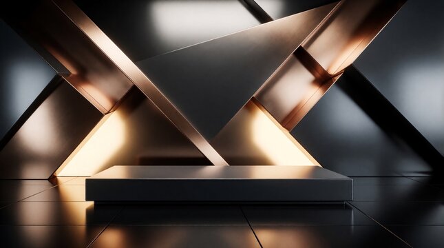 Modern geometric stage with metallic gold and grey planes. Empty platform for product display. Abstract architectural background with soft illumination and reflective surfaces.