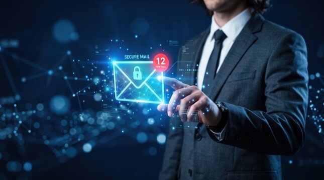 Businessman touching futuristic hologram secure mail icon, cybersecurity, encrypted email communication, digital data protection, privacy network technology, virtual interface