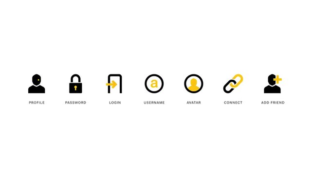 Minimalist, black-and-white characters with yellow  profile, password, login, username, avatar, connect, add friend&nbsp;on white background