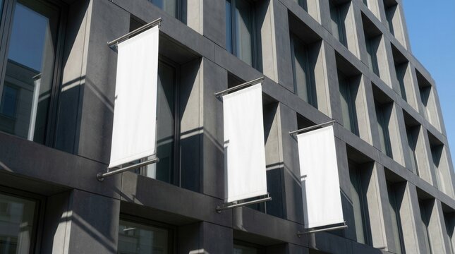 White signboard banner mock up for product placement on a modern building exterior in the streets