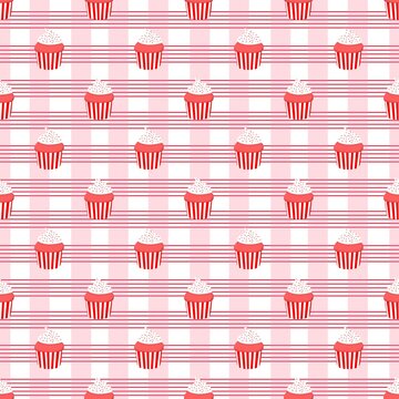 Red Cupcake Seamless Pattern background. Red Muffin Plaid Pattern. Pink Striped Cupcake Seamless Background