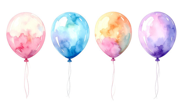 Four watercolor balloons with varying hues ? pink, blue, orange, and purple ? suspended by delicate white ribbons against a black background