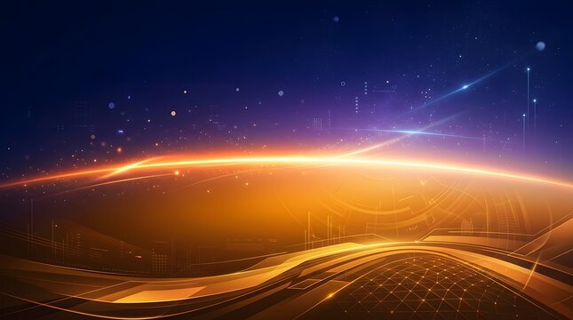 Abstract futuristic space horizon with glowing orange and blue lights