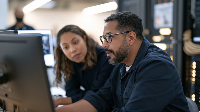 Government cybersecurity analyst demonstrates network monitoring technique to a student over the shoulder, a rope coiled neatly beside the server rack, a pet sitting agency poster