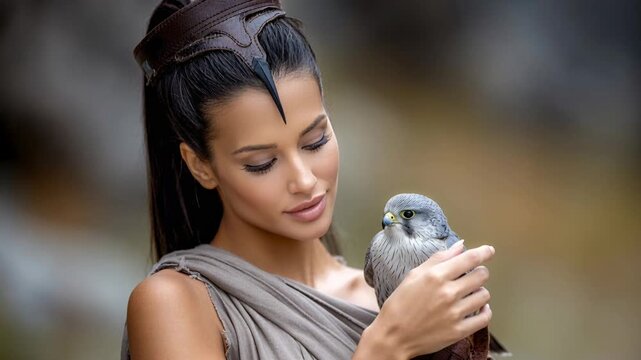 Woman holds a bird of prey while wearing a costume in a natural setting during daylight