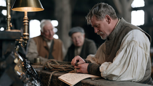 A watermill operator in warm indoor lamplight improvises a temporary gear fix using rope coiled nearby, an elderly neighbor watching with interest, the intergenerational