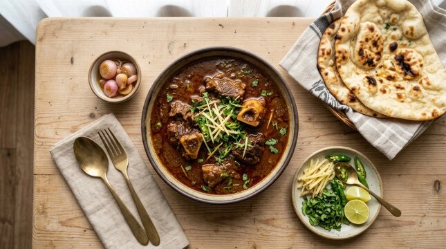 A bowl of oxtail curry with naan bread and garnished with cilantro and lemon wedges on a wooden table.