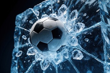 Naklejka premium Soccer ball hits ice wall causing explosion. Ice shatters into many pieces. Dynamic action shows impact force and cold energy. Black and white ball breaks clear frozen barrier.