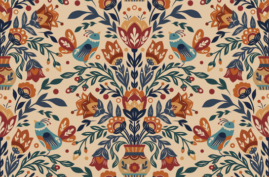 Vector seamless pattern with birds and flowers in a vase in folk art style. Texture with tracery blooming floral ornament