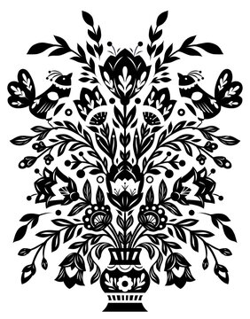 Vector monochrome postcard with birds and flowers in a vase in folk art style. Monochrome tracery blooming floral illustration