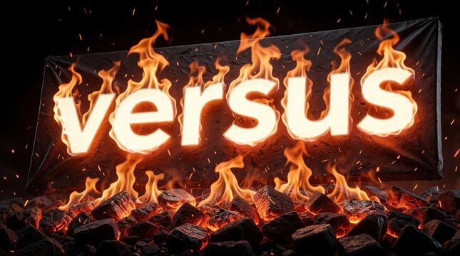 Burning banner with word versus in flames over hot coals. Intense battle concept with glowing letters over charcoal fire. Dynamic conflict and power abstract background.