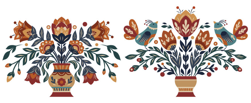 Vector set of clip arts with birds and flowers in a vase in folk art style. Collection of tracery blooming floral illustration