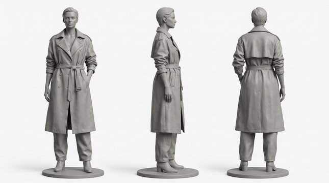 3D render character model of a standing woman in a trench coat from multiple