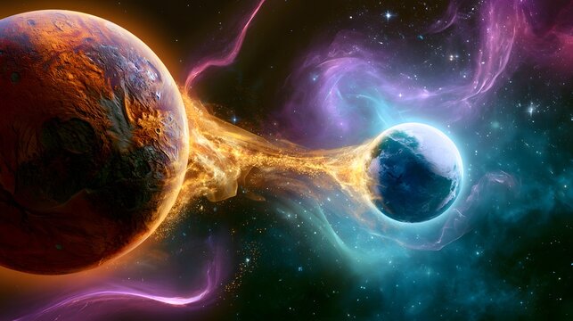 Mystical cosmic bridge connects two celestial planets amidst a vibrant nebula of glowing energy clouds
