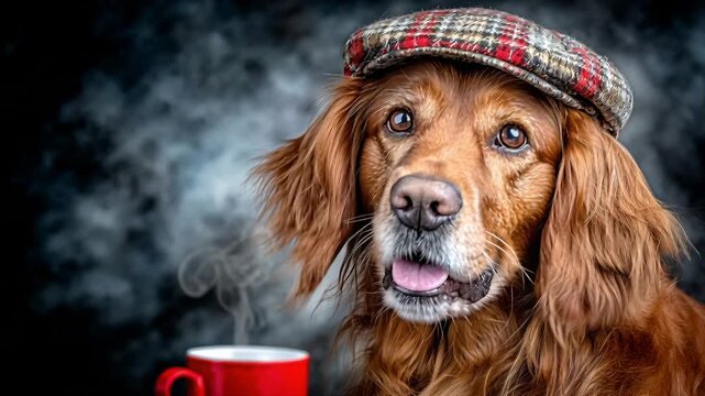 Golden retriever wearing a hat sits beside a steaming cup in a cozy indoor space