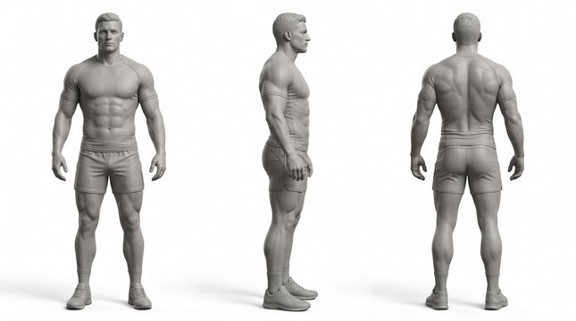 3D render character model of a muscular man in shorts from multiple angles