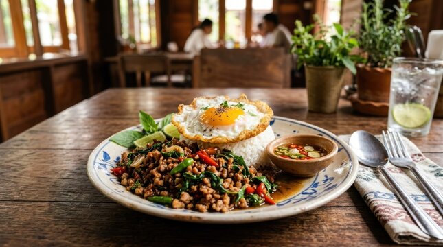 A wooden table with a plate of food, including rice, stir-fried vegetables, and a fried egg, placed on a rustic wooden table with a wooden chair in the background.