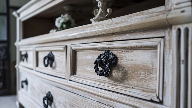Close-Up View of a Distressed White Vintage Dresser Showcasing Ornate Black Handles