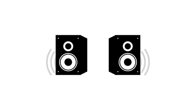 Two black speakers emitting sound waves on a white background, representing audio output.