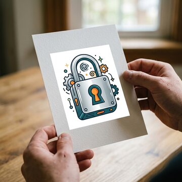 Close-up view of hands holding a card with a large padlock illustration