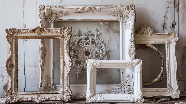 Collection of Weathered Ornate Picture Frames Arranged in a Layered Still Life